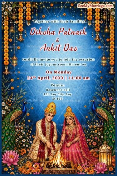 Odia Wedding Invitation with Blue Backdrop, Marigold Garlands, Peacock-Inspired & Couple Illustration