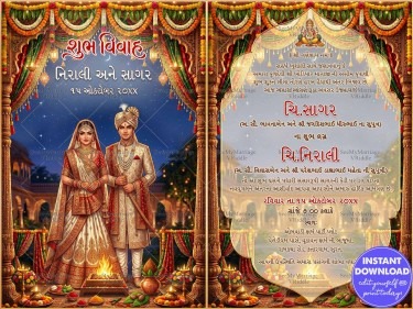Palace Background Gujarati Wedding Invitation Card with Floral Mandap Drapes, Sacred Fire & Traditional Couple Illustration