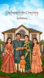 Parents and Childrens Theme Gruhapravesha Ceremony Invitation Video with Vasthu Homam and Animated Couple Holding Key