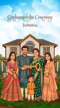 Parents and Childrens Theme Gruhapravesha Ceremony Invitation Video with Vasthu Homam and Animated Couple Holding Key