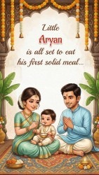 Parents with Baby Annaprashan Ceremony Invitation Video with Showing Baby Choosing His First Bite – Playful Theme Illustration