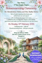Peacock Garden Theme Housewarming Ceremony Invitation Card with Dream Home Illustration