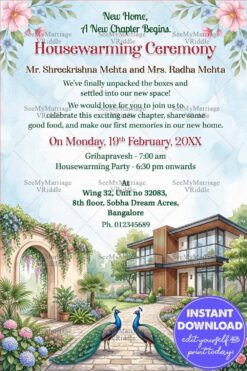Peacock Garden Theme Housewarming Ceremony Invitation Card with Dream Home Illustration