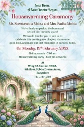 Peacock Garden Theme Housewarming Ceremony Invitation Card with Dream Home Illustration