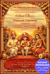 Rajasthani Marwari Parojan Ceremony Invitation Card with Family Portrait, Palace Backdrop & Traditional Rajasthani Motifs