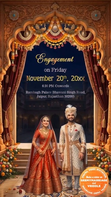 Rajasthani Theme Minimal Engagement Invitation Video with Grand Palace Arch, Traditional Bridal Couple Illustration & Luxurious Floral Decor