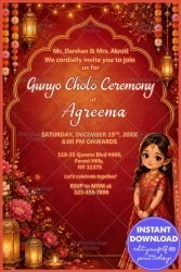Red Floral Decor Gunyo Cholo Ceremony Invitation Card with Floral Decor & Traditional Girl Illustration
