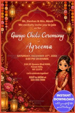 Red Floral Decor Gunyo Cholo Ceremony Invitation Card with Floral Decor & Traditional Girl Illustration