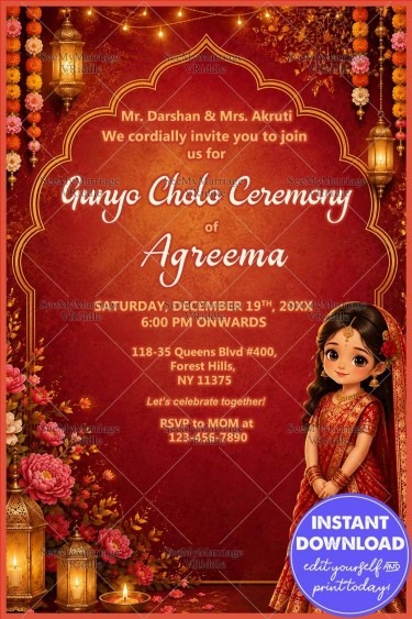 Red Floral Decor Gunyo Cholo Ceremony Invitation Card with Floral Decor & Traditional Girl Illustration