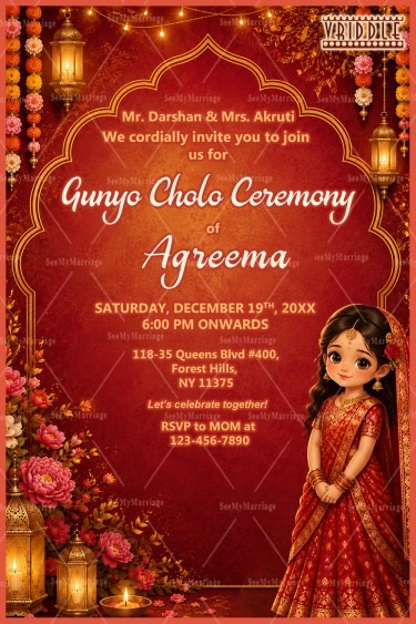 Red Floral Decor Gunyo Cholo Ceremony Invitation Card with Floral Decor & Traditional Girl Illustration