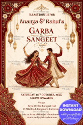 Red & Gold Garba & Sangeet Night Invitation Card with Royal Arch Frame, Dancing Couple Illustration, Hanging Lanterns and Floral Mandala Design