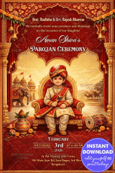 Red Marwari Parojan Ceremony Invitation Card with Prince Illustration, Palace Archways, Elephant Motifs & Traditional Decor