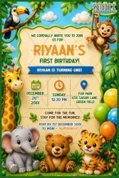 Safari Jungle Theme Design Birthday Invitation Card with Cartoon Animals & Balloons