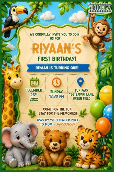 Safari Jungle Theme Design Birthday Invitation Card with Cartoon Animals & Balloons