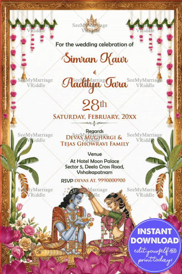 Seetha Rama Wedding Invitation Card with Divine Artwork, Lotus Florals & Traditional Toran Decor
