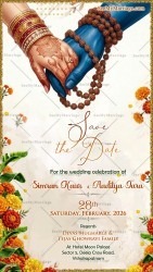 Shiva-Parvati Symbolic Hands Save the Date Card with Rudraksha Elements and Floral Accents