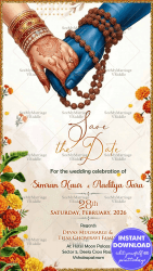 Shiva-Parvati Symbolic Hands Save the Date Card with Rudraksha Elements and Floral Accents