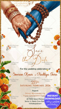 Shiva-Parvati Symbolic Hands Save the Date Card with Rudraksha Elements and Floral Accents
