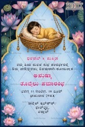 Soft Blue Pastel Kannada Naming Ceremony Invitation with Golden Cradle Illustration & Lotus Pond Theme