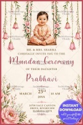 Soft Floral Garland Mundan Ceremony Invitation with Baby Swing Illustration & Pastel Background