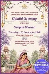 Soft Lavender Theme Chhathi Ceremony Invitation Card with Mother-Baby Illustrations & Hanging Lanterns