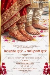 South Indian Hindu Wedding Invitation Card Design with Bridal Mehndi Feet, Red Saree Border & Traditional Couple Theme