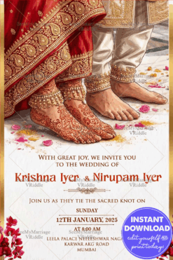 South Indian Hindu Wedding Invitation Card Design with Bridal Mehndi Feet, Red Saree Border & Traditional Couple Theme