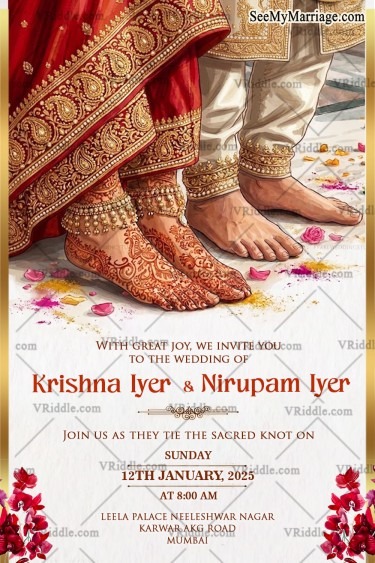 South Indian Hindu Wedding Invitation Card Design with Bridal Mehndi Feet, Red Saree Border & Traditional Couple Theme
