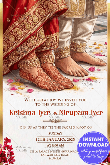 South Indian Hindu Wedding Invitation Card Design with Bridal Mehndi Feet, Red Saree Border & Traditional Couple Theme