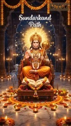 Spiritual Sundarkand Path Invitation Video with featuring Hanuman Murti, Glowing Halo, Temple Background and Festive Diya Setup