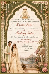 Temple Arch Frame Jain Wedding Invitation with, Floral Design & Couple Illustration
