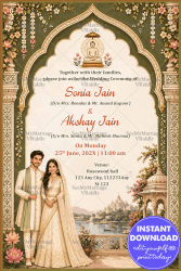 Temple Arch Frame Jain Wedding Invitation with Floral Design & Couple Illustration