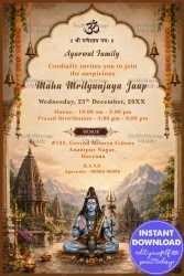 Temple Landscape Maha Mrityunjaya Jaap Invitation Card with Lord Shiva Illustration, Hanging Bells & Sacred Arch Design