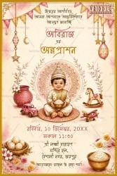 Traditional Pots Theme Bengali Annaprashan Invitation Card with Baby Illustration & Soft Pastel Theme