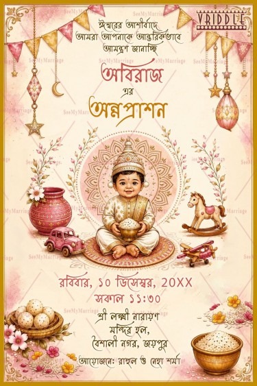 Traditional Pots Theme Bengali Annaprashan Invitation Card with Baby Illustration & Soft Pastel Theme