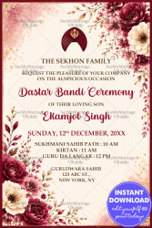 Traditional Punjabi Theme Dastar Bandi Ceremony Invitation Card with Floral Borders, Sikh Symbol