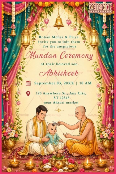 Traditional Ritual Illustration Mundan Ceremony Invitation with Draped Curtains, Hanging Lanterns