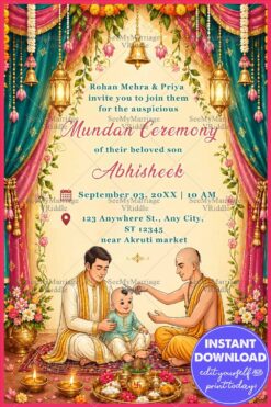 Traditional Ritual Illustration Mundan Ceremony Invitation with Draped Curtains, Hanging Lanterns