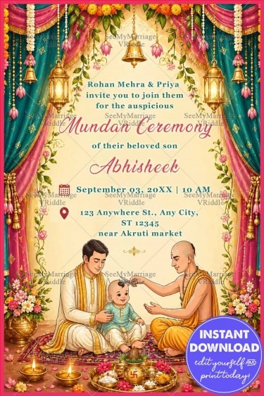 Traditional Ritual Illustration Mundan Ceremony Invitation with Draped Curtains, Hanging Lanterns