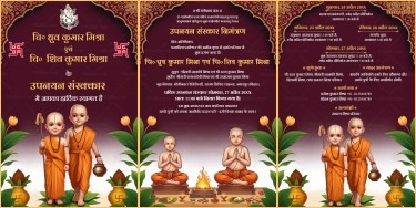 Twins Brothers Hindi Upanayanam Invitation Three Leaf Card with Traditional Brahmachari Illustration