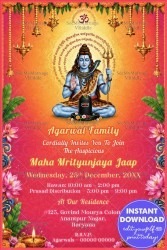 Vibrant Spiritual Theme Maha Mrityunjaya Jaap Invitation Card with Lord Shiva Illustration, Hanging Diyas & Lotus Flowers
