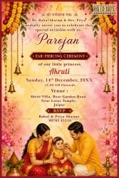 Watercolour Traditional Parojan Ear-Piercing Ceremony Invitation Card with Floral Garlands, Hanging Temple Bells & Family Illustration