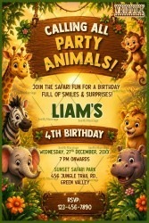 Wild Safari Tropical Sunset Theme Birthday Invitation Card with Jungle Animals, Wooden Boards & Sunset Backdrop