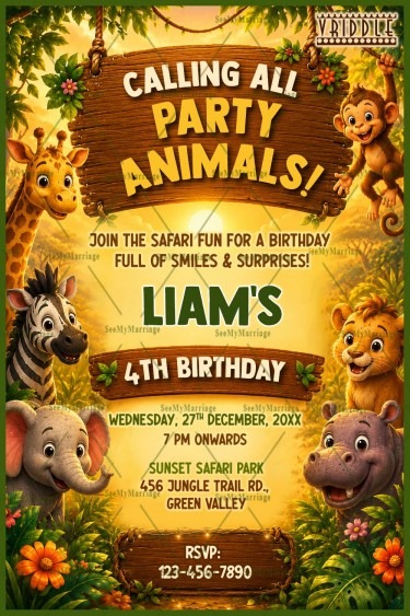Wild Safari Tropical Sunset Theme Birthday Invitation Card with Jungle Animals, Wooden Boards & Sunset Backdrop