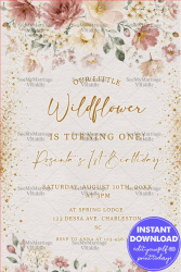 Wildflower First Birthday Invitation Card with Soft Watercolor Florals & Gold Dust Accents