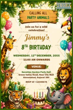 Wooden Signboard Birthday Invitation Card with Cartoon Animals, Fun Safari Jungle & Party Theme Decor