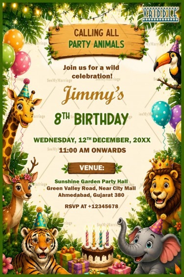Wooden Signboard Birthday Invitation Card with Cartoon Animals, Fun Safari Jungle & Party Theme Decor
