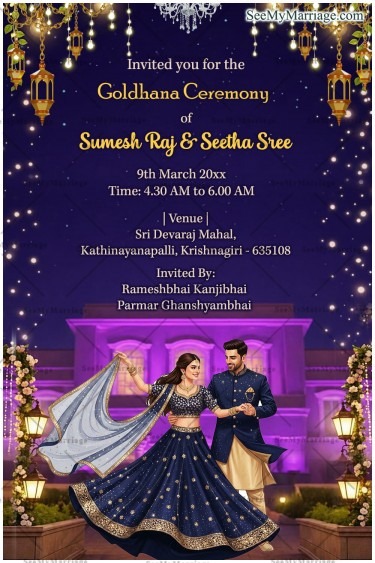 Night Goldhana Ceremony Invitation Card with Starry Sky Background, Hanging Lantern Lights, Palace View and Elegant Couple Illustration